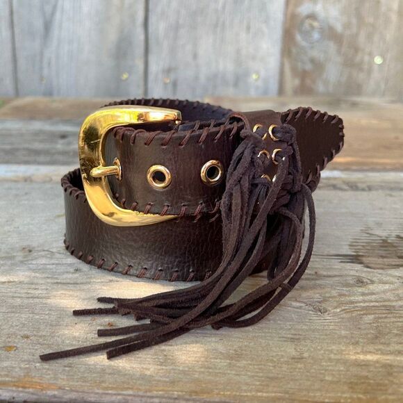 MICHAEL Michael Kors Brown Leather Whipstitch Belt with Fringe Size Small - Picture 2 of 9